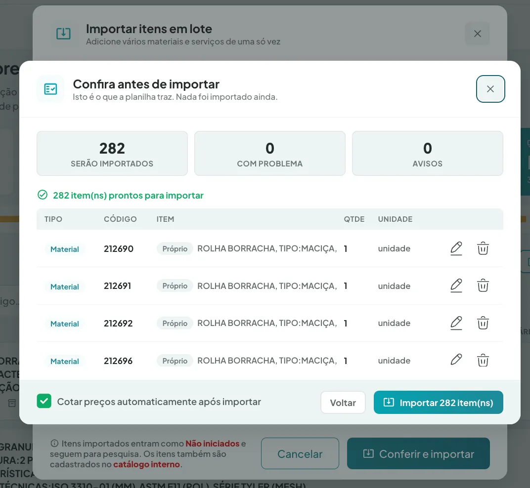 Importação em lote com validação de itens