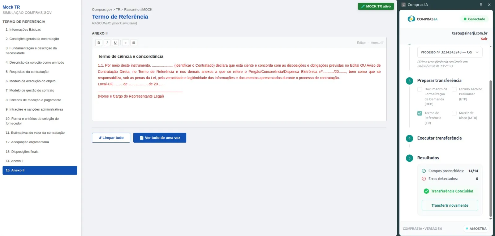 Plugin Compras IA transferindo o Termo de Referência para o Compras.gov.br — 14 de 14 campos preenchidos, sem erros